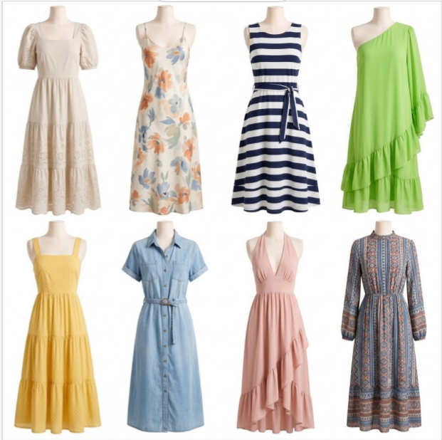 New Summer Women Natural Waist Midi Shirt Loose Puff Sleeve A-Line Casual Daily Outfit Multi-design Ruffles Mix Shipment