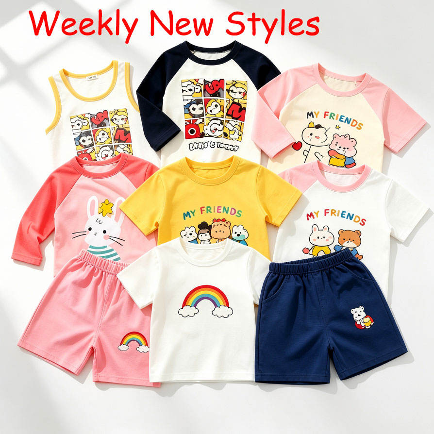 Children T-Shirt Shorts Set Summer Outfit Random Mix Cartoon Print Kids Clothes Ready Ship Mixed Colors