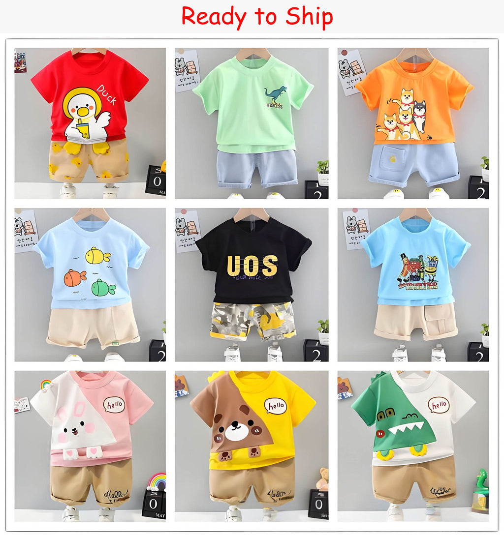 Children T-Shirt Shorts Set Summer Outfit Random Mix Cartoon Print Kids Clothes Ready Ship Mixed Colors